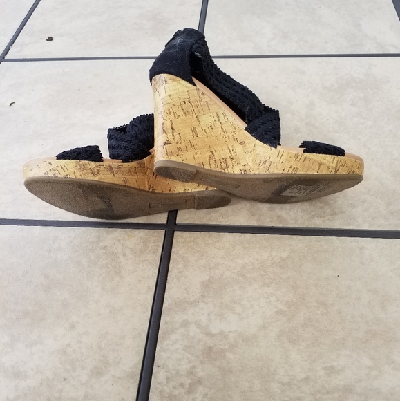 Shoes Black Wedge PLATFORM sandal Ribbon strap 6 casual cork - Picture 5 of 7